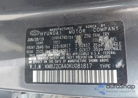 2019 Hyundai Tucson Se из США, поврежденный, VIN KM8J2CA40KU081817